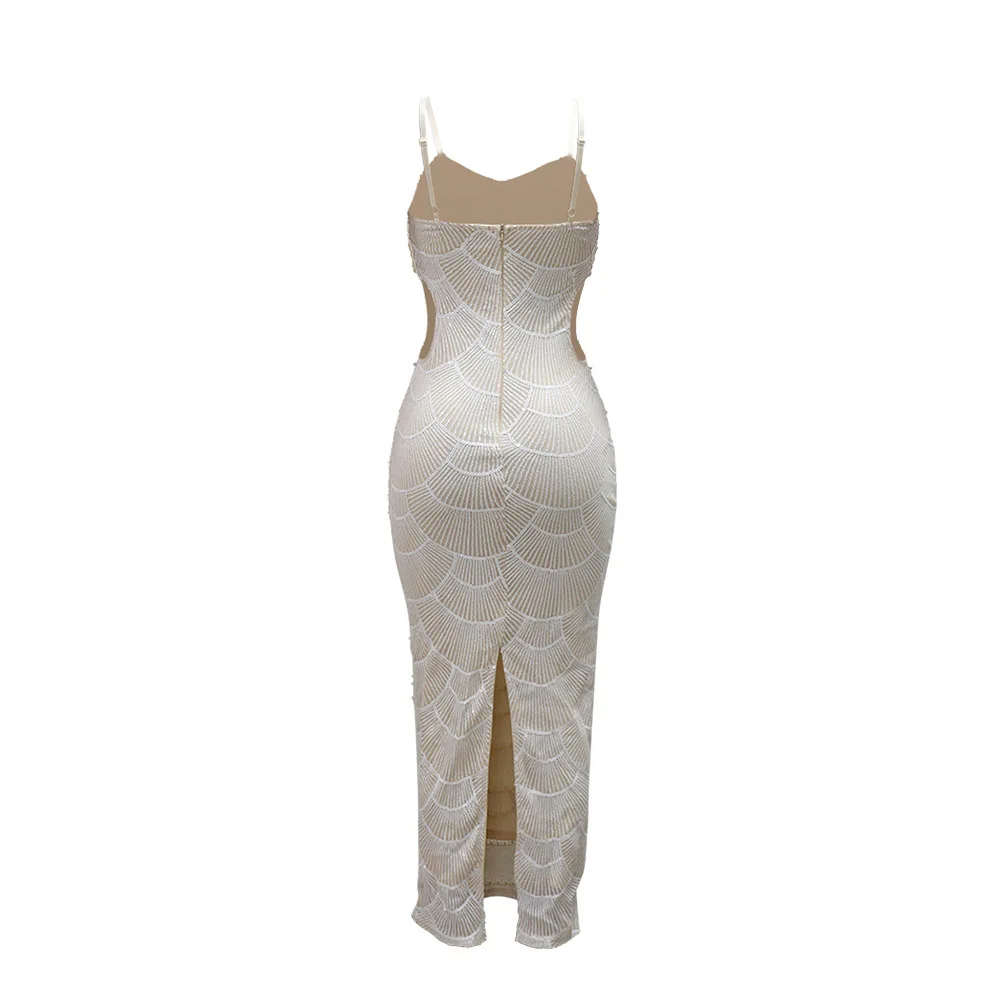 CM.YAYA 2025 Summer Women Sequins Beading Strap Sleeveless Bodycon Maxi Long Dress Sexy Night Evening Birthday Party Dresses