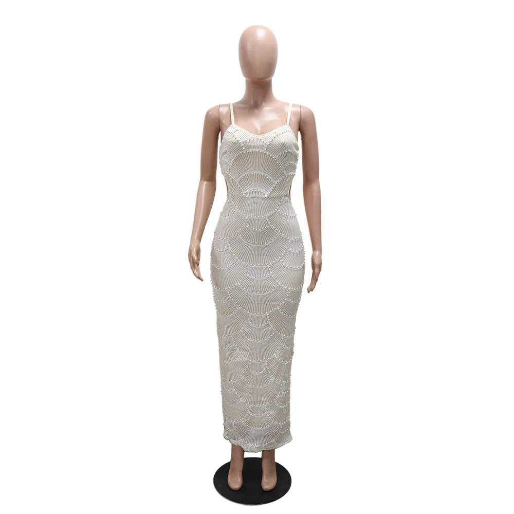 CM.YAYA 2025 Summer Women Sequins Beading Strap Sleeveless Bodycon Maxi Long Dress Sexy Night Evening Birthday Party Dresses
