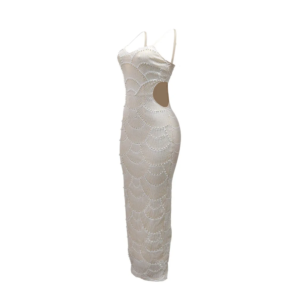CM.YAYA 2025 Summer Women Sequins Beading Strap Sleeveless Bodycon Maxi Long Dress Sexy Night Evening Birthday Party Dresses