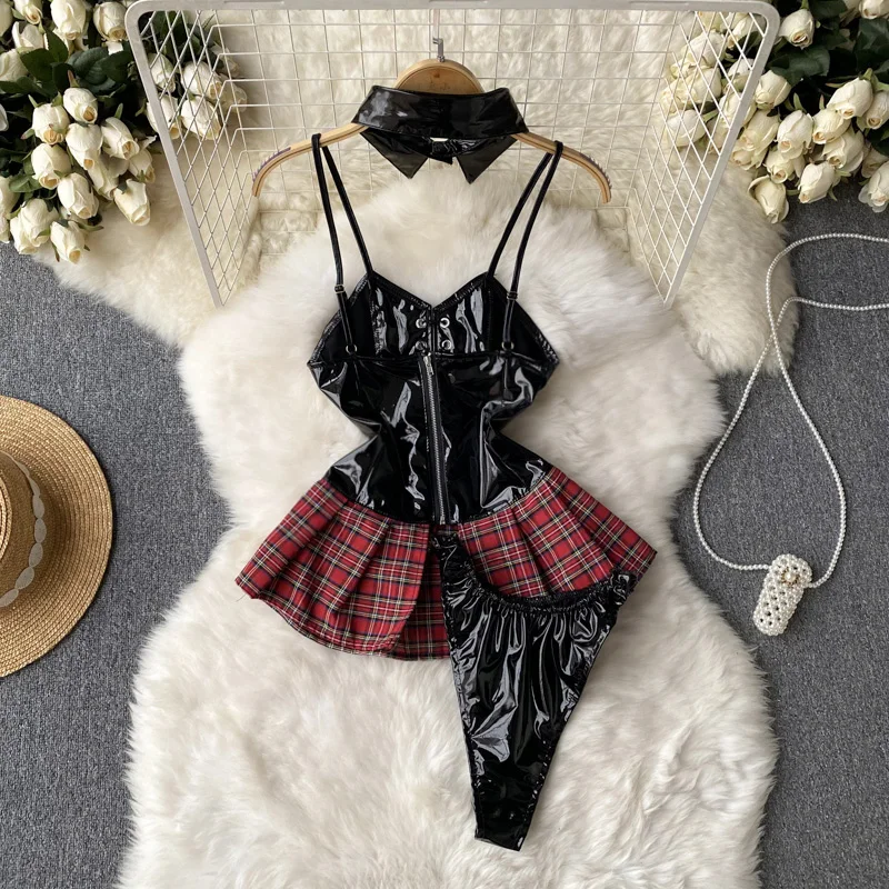SINGREINY Lace Up Sexy Night Dress Strap Splice Porno Backless Sleepwear Nightwears+Thongs Ladies PU Leather Erotic Short Dress
