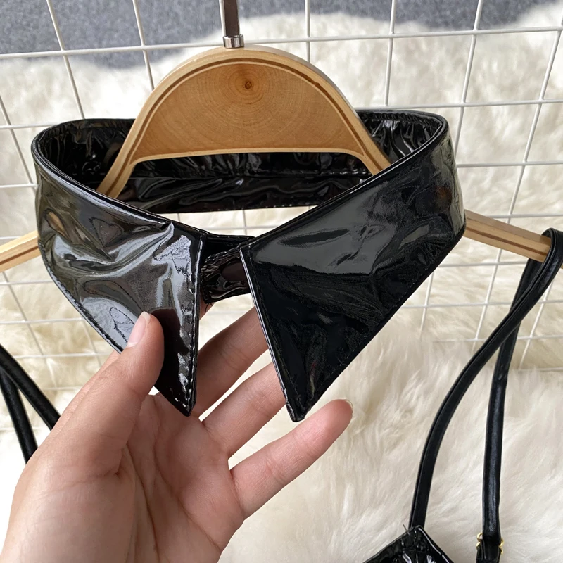 SINGREINY Lace Up Sexy Night Dress Strap Splice Porno Backless Sleepwear Nightwears+Thongs Ladies PU Leather Erotic Short Dress