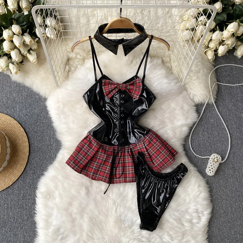 SINGREINY Lace Up Sexy Night Dress Strap Splice Porno Backless Sleepwear Nightwears+Thongs Ladies PU Leather Erotic Short Dress