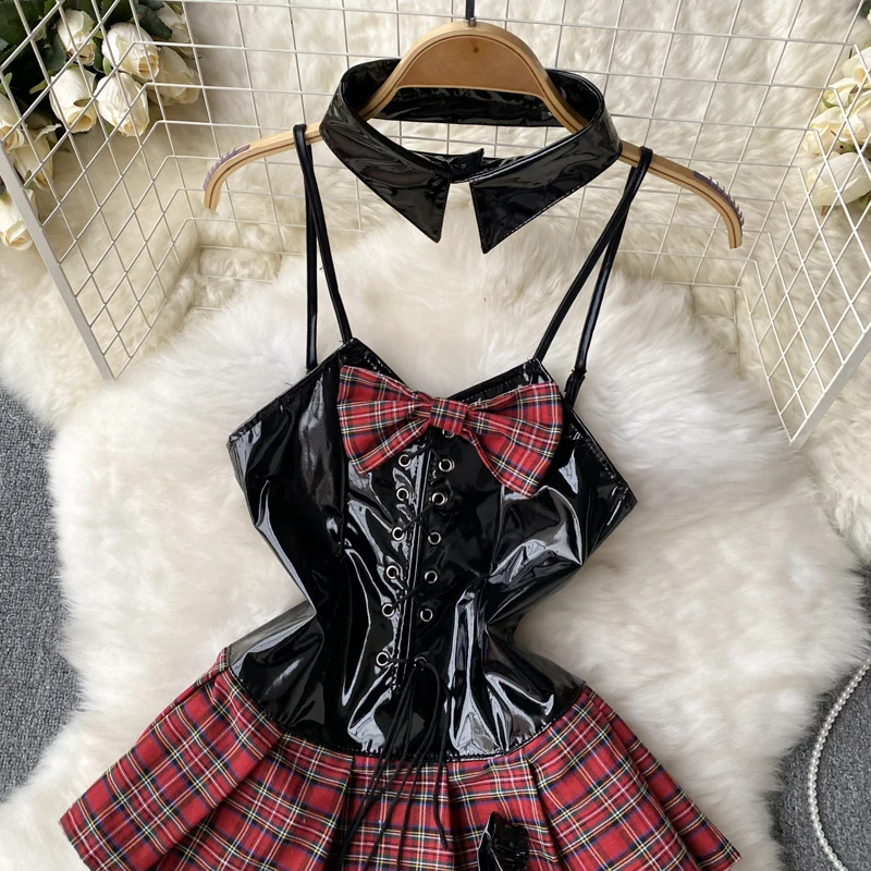 SINGREINY Lace Up Sexy Night Dress Strap Splice Porno Backless Sleepwear Nightwears+Thongs Ladies PU Leather Erotic Short Dress