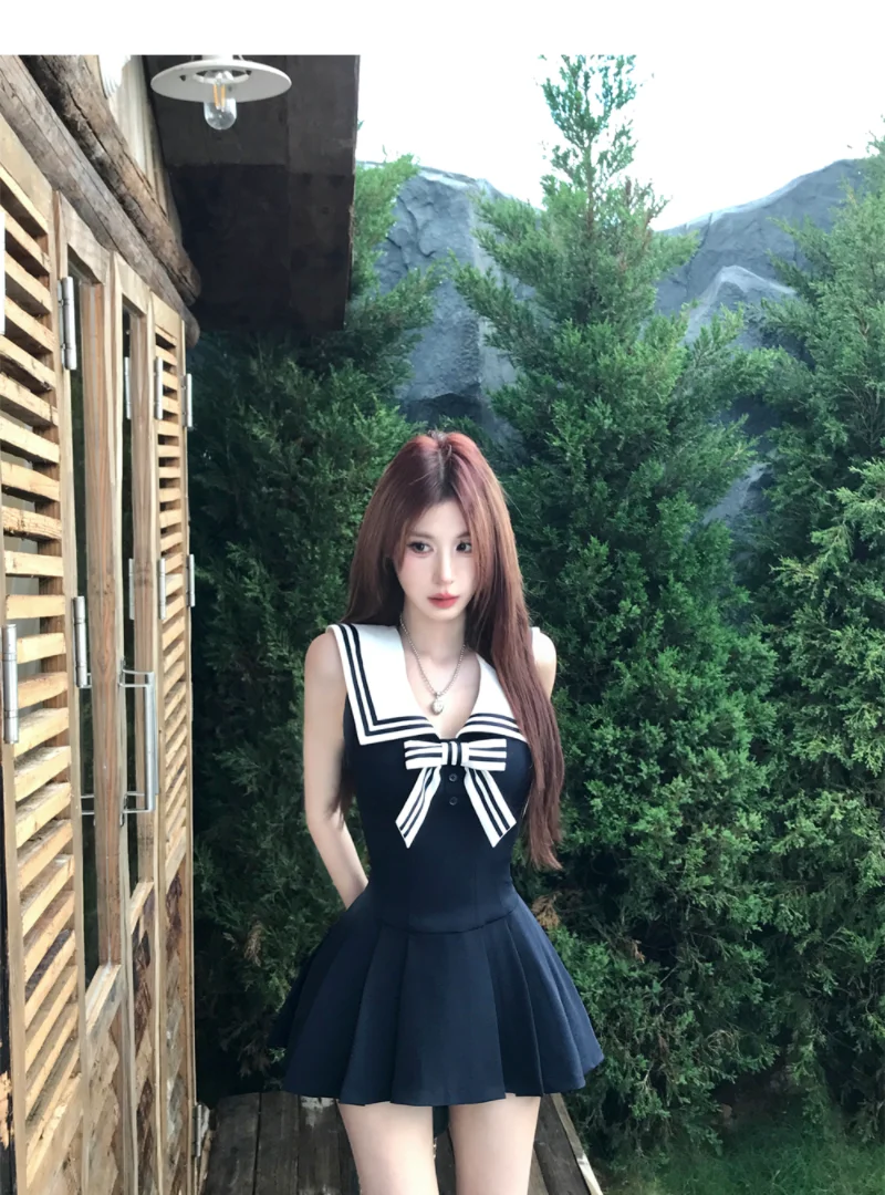 Kawaii Bow Mini Dress Women Japanese Lolita Sailor Collar Pleated Dresses Summer Ladies Y2K Fashion Sleeveless Bodycon Vestidos