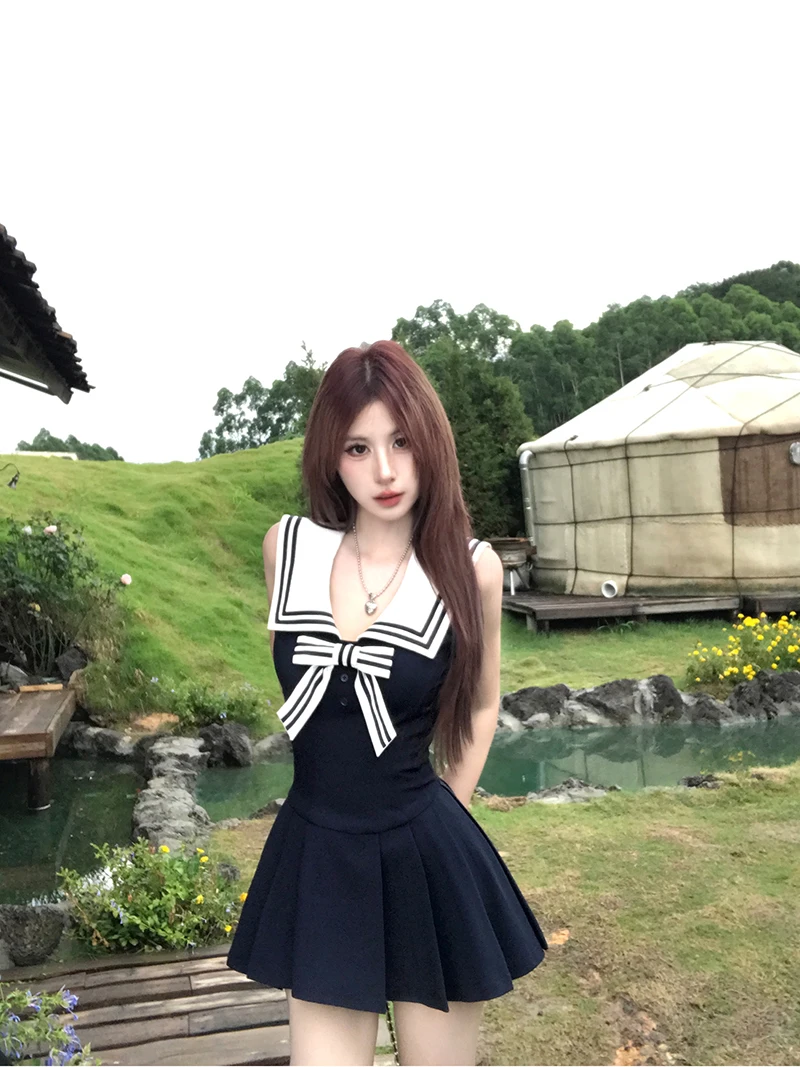 Kawaii Bow Mini Dress Women Japanese Lolita Sailor Collar Pleated Dresses Summer Ladies Y2K Fashion Sleeveless Bodycon Vestidos