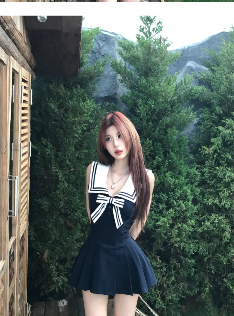 Kawaii Bow Mini Dress Women Japanese Lolita Sailor Collar Pleated Dresses Summer Ladies Y2K Fashion Sleeveless Bodycon Vestidos