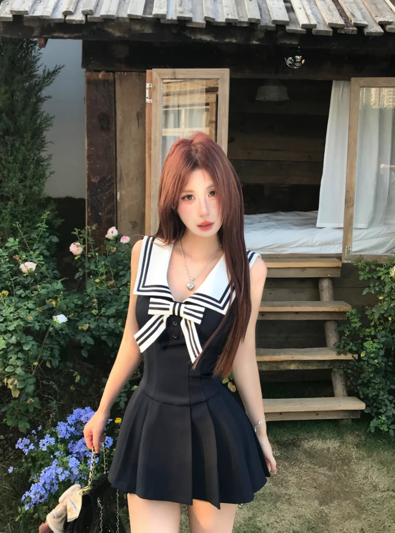 Kawaii Bow Mini Dress Women Japanese Lolita Sailor Collar Pleated Dresses Summer Ladies Y2K Fashion Sleeveless Bodycon Vestidos