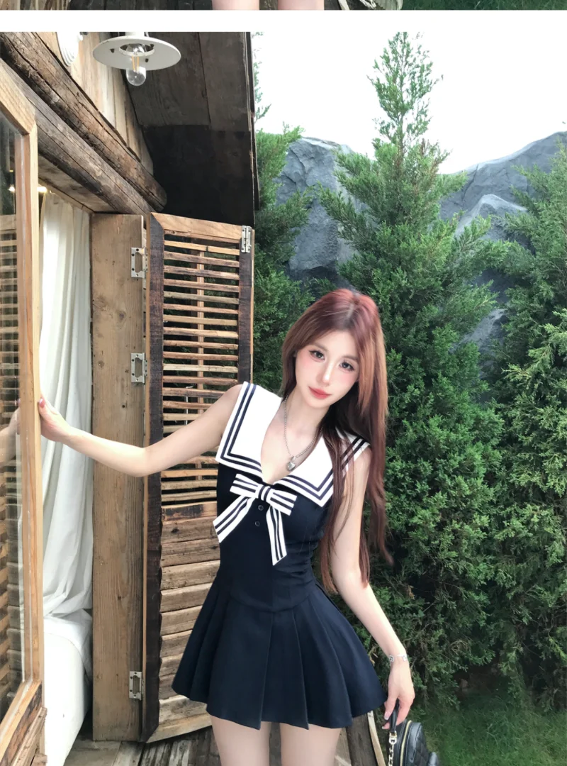 Kawaii Bow Mini Dress Women Japanese Lolita Sailor Collar Pleated Dresses Summer Ladies Y2K Fashion Sleeveless Bodycon Vestidos