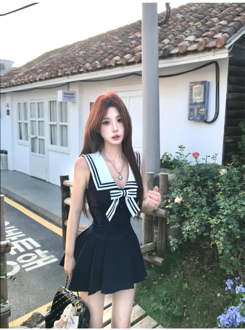 Kawaii Bow Mini Dress Women Japanese Lolita Sailor Collar Pleated Dresses Summer Ladies Y2K Fashion Sleeveless Bodycon Vestidos