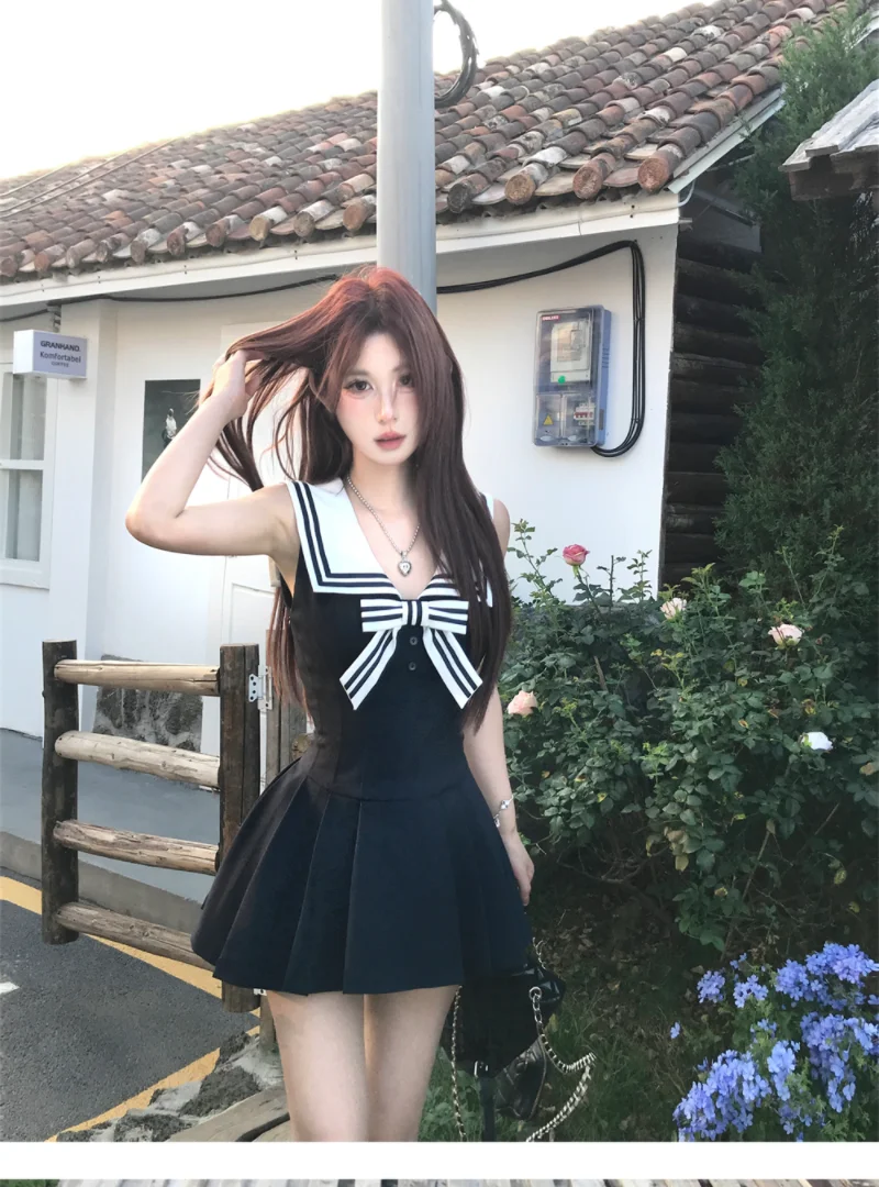 Kawaii Bow Mini Dress Women Japanese Lolita Sailor Collar Pleated Dresses Summer Ladies Y2K Fashion Sleeveless Bodycon Vestidos