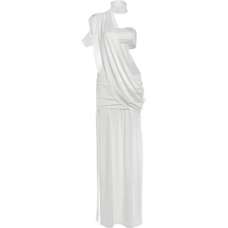 Cutenew Halter Elegant Dress Women Turtleneck Chest Wrapped Single Shoulder Irregular Ruched Slit Peach Hip Sexy Maxi Bodycon