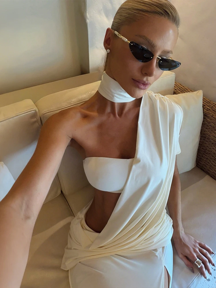 Cutenew Halter Elegant Dress Women Turtleneck Chest Wrapped Single Shoulder Irregular Ruched Slit Peach Hip Sexy Maxi Bodycon