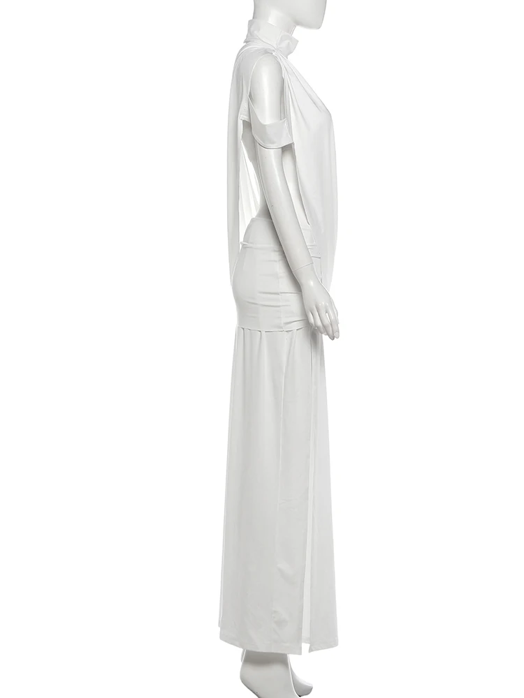 Cutenew Halter Elegant Dress Women Turtleneck Chest Wrapped Single Shoulder Irregular Ruched Slit Peach Hip Sexy Maxi Bodycon