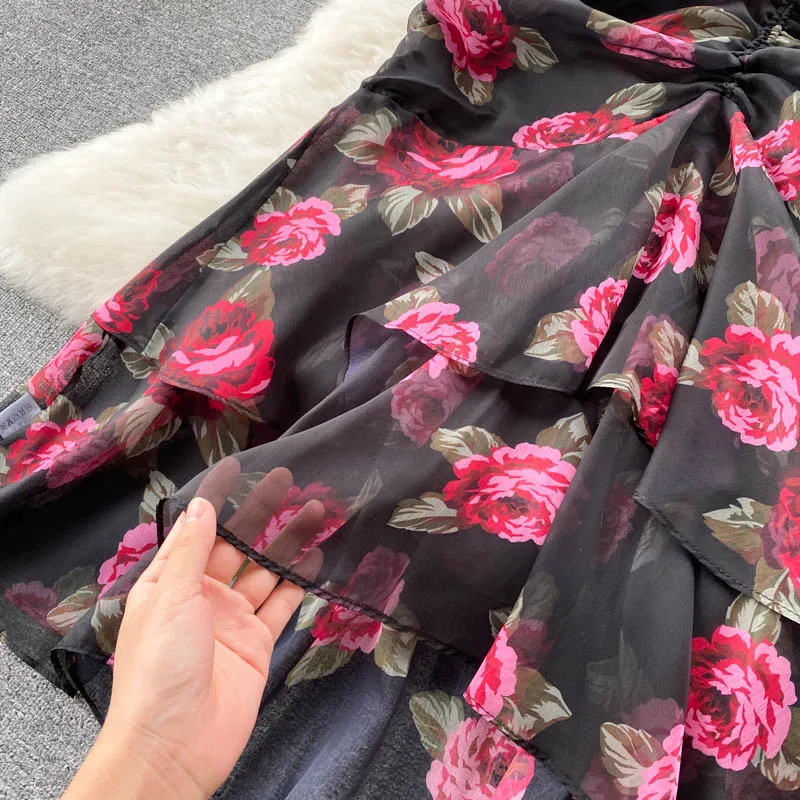 Vintage chiffon print Elegant V-neck Dress ruffle Casual High Waist Women Summer Mermaid sweet dresses