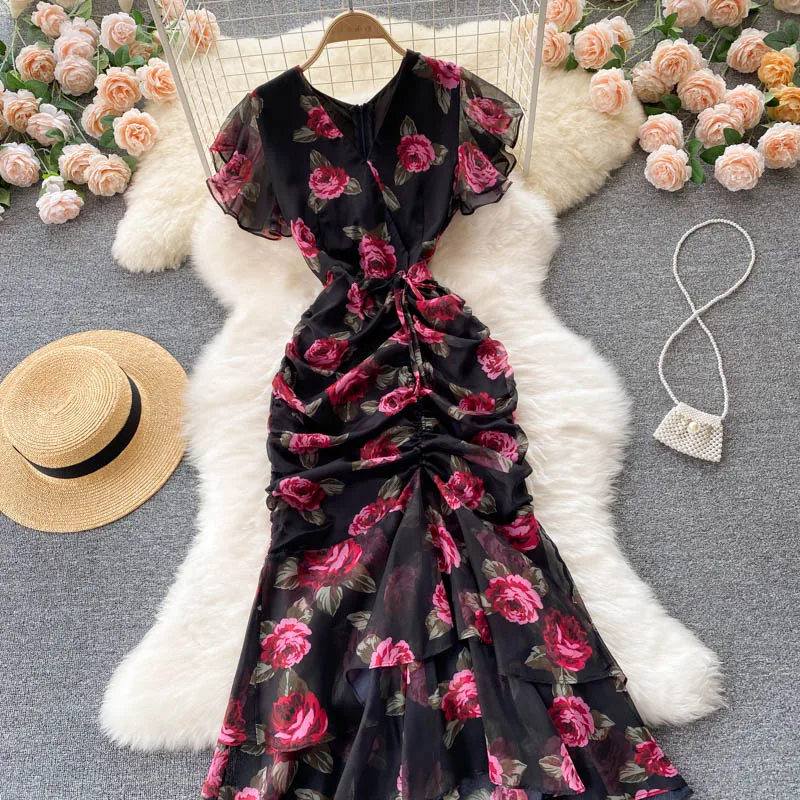 Vintage chiffon print Elegant V-neck Dress ruffle Casual High Waist Women Summer Mermaid sweet dresses