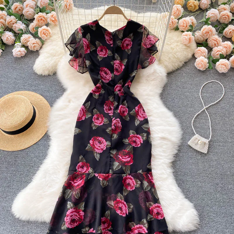 Vintage chiffon print Elegant V-neck Dress ruffle Casual High Waist Women Summer Mermaid sweet dresses