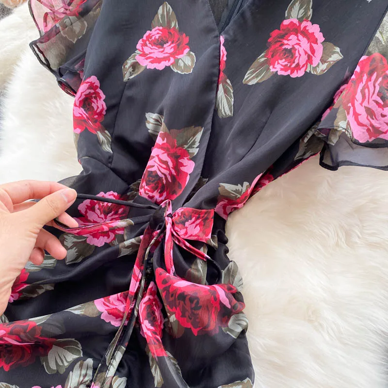 Vintage chiffon print Elegant V-neck Dress ruffle Casual High Waist Women Summer Mermaid sweet dresses