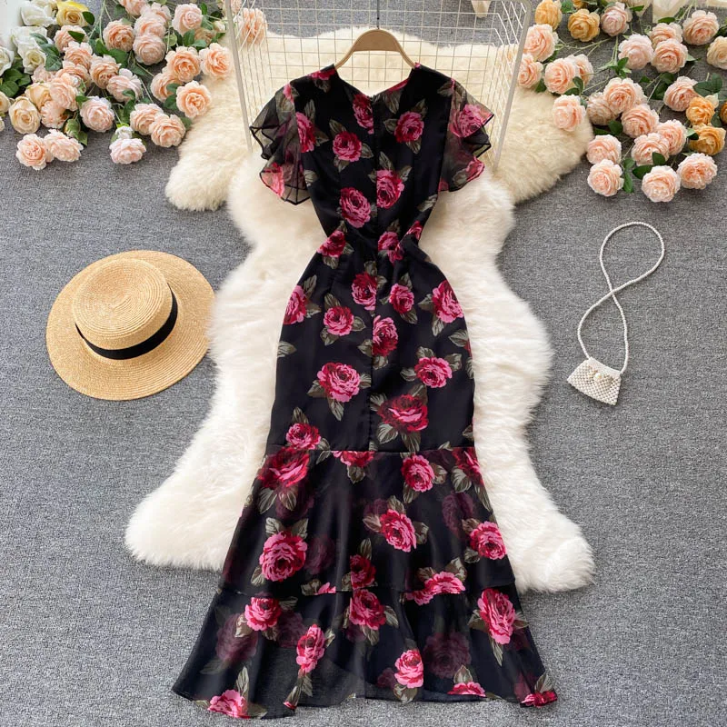 Vintage chiffon print Elegant V-neck Dress ruffle Casual High Waist Women Summer Mermaid sweet dresses