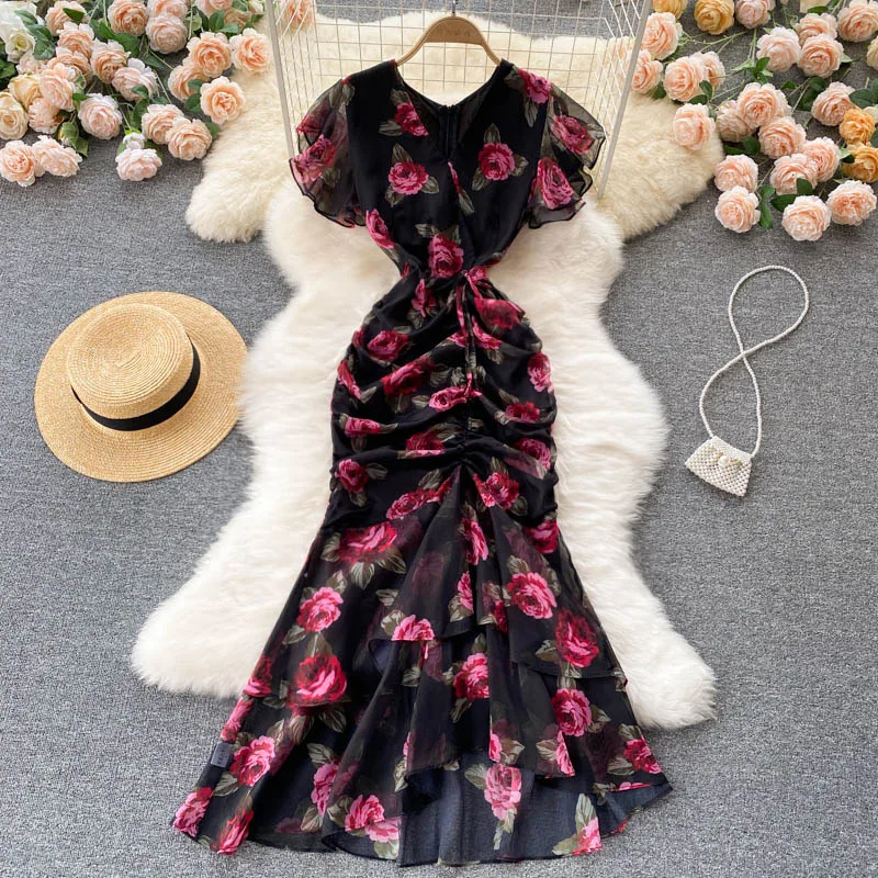 Vintage chiffon print Elegant V-neck Dress ruffle Casual High Waist Women Summer Mermaid sweet dresses