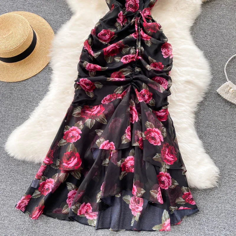 Vintage chiffon print Elegant V-neck Dress ruffle Casual High Waist Women Summer Mermaid sweet dresses