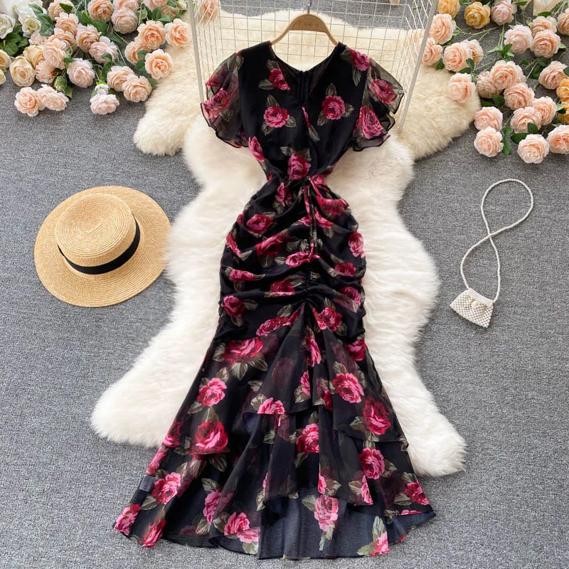 Vintage chiffon print Elegant V-neck Dress ruffle Casual High Waist Women Summer Mermaid sweet dresses