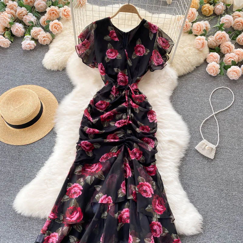 Vintage chiffon print Elegant V-neck Dress ruffle Casual High Waist Women Summer Mermaid sweet dresses