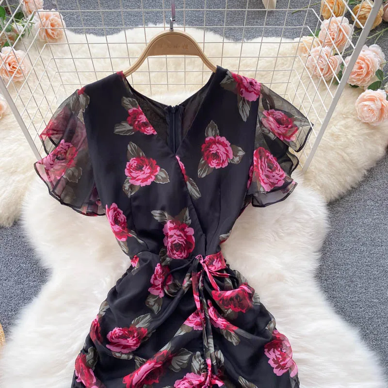 Vintage chiffon print Elegant V-neck Dress ruffle Casual High Waist Women Summer Mermaid sweet dresses