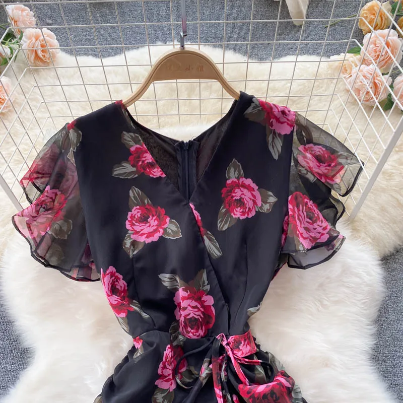 Vintage chiffon print Elegant V-neck Dress ruffle Casual High Waist Women Summer Mermaid sweet dresses