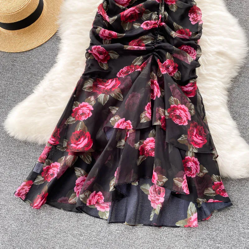Vintage chiffon print Elegant V-neck Dress ruffle Casual High Waist Women Summer Mermaid sweet dresses