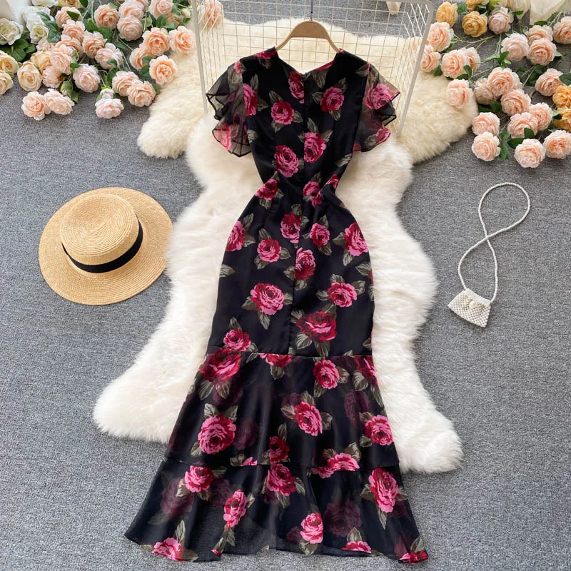 Vintage chiffon print Elegant V-neck Dress ruffle Casual High Waist Women Summer Mermaid sweet dresses