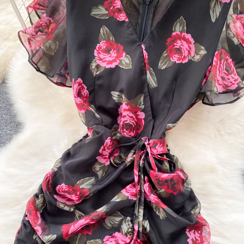 Vintage chiffon print Elegant V-neck Dress ruffle Casual High Waist Women Summer Mermaid sweet dresses
