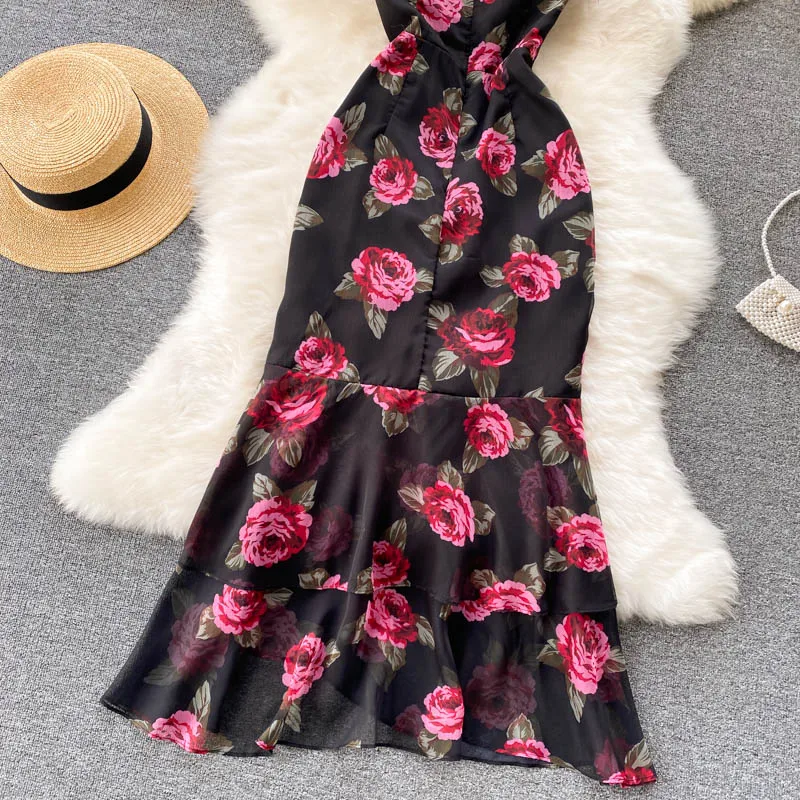 Vintage chiffon print Elegant V-neck Dress ruffle Casual High Waist Women Summer Mermaid sweet dresses