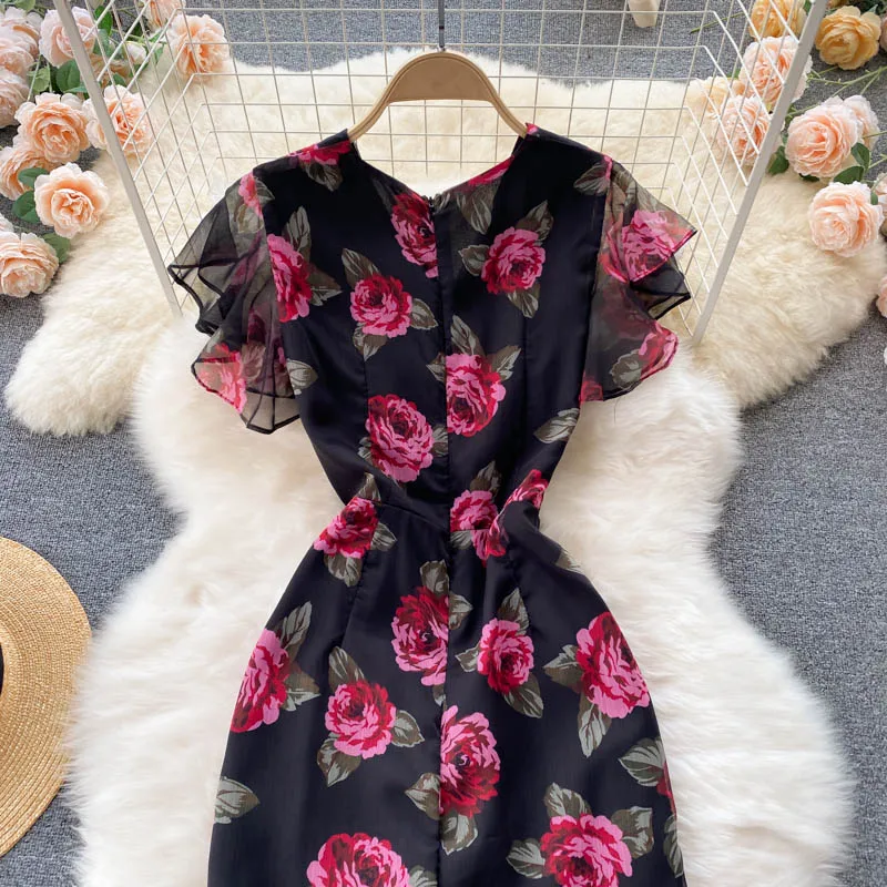 Vintage chiffon print Elegant V-neck Dress ruffle Casual High Waist Women Summer Mermaid sweet dresses