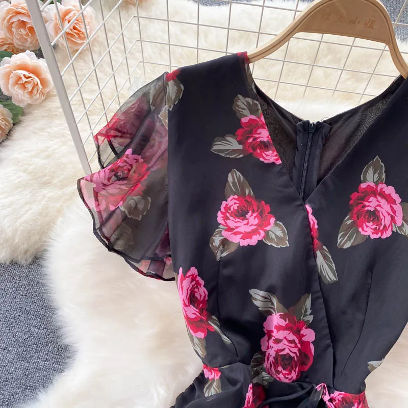 Vintage chiffon print Elegant V-neck Dress ruffle Casual High Waist Women Summer Mermaid sweet dresses