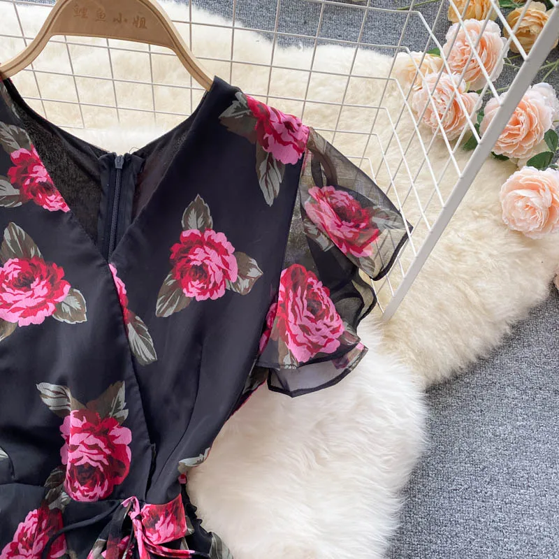Vintage chiffon print Elegant V-neck Dress ruffle Casual High Waist Women Summer Mermaid sweet dresses
