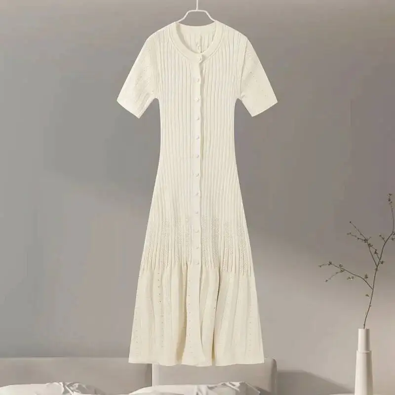 Elegant Knit Dress For Women White Slim O-neck Single Breasted Short Sleeve Long Dresses Female Spring Fashion Lady Robe T88X