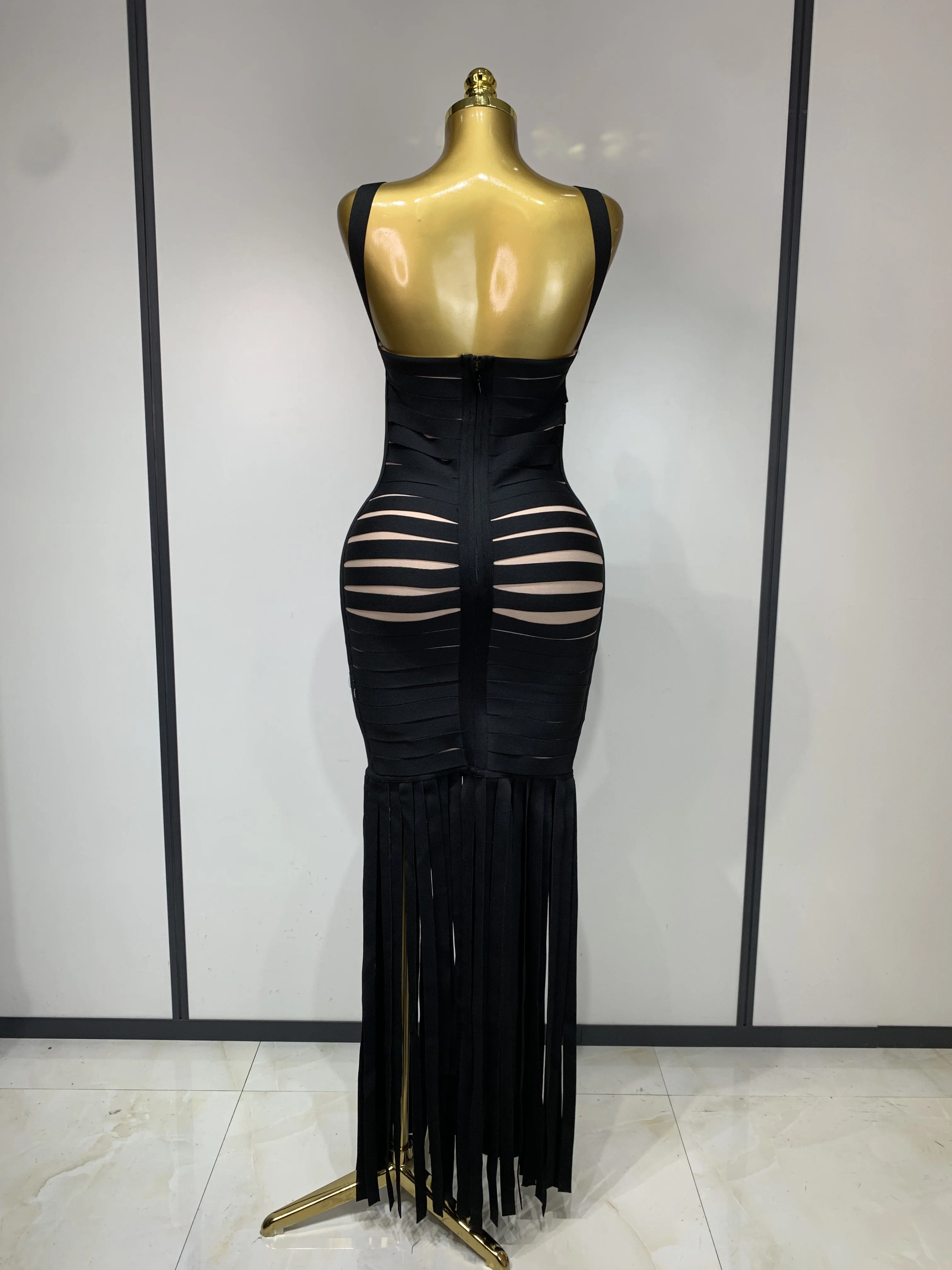 Women Sexy Sleeveless Square Collar Black Tassel Long Bandange Dresses Elegant Evening Party Birthday Gown Design Club Dress