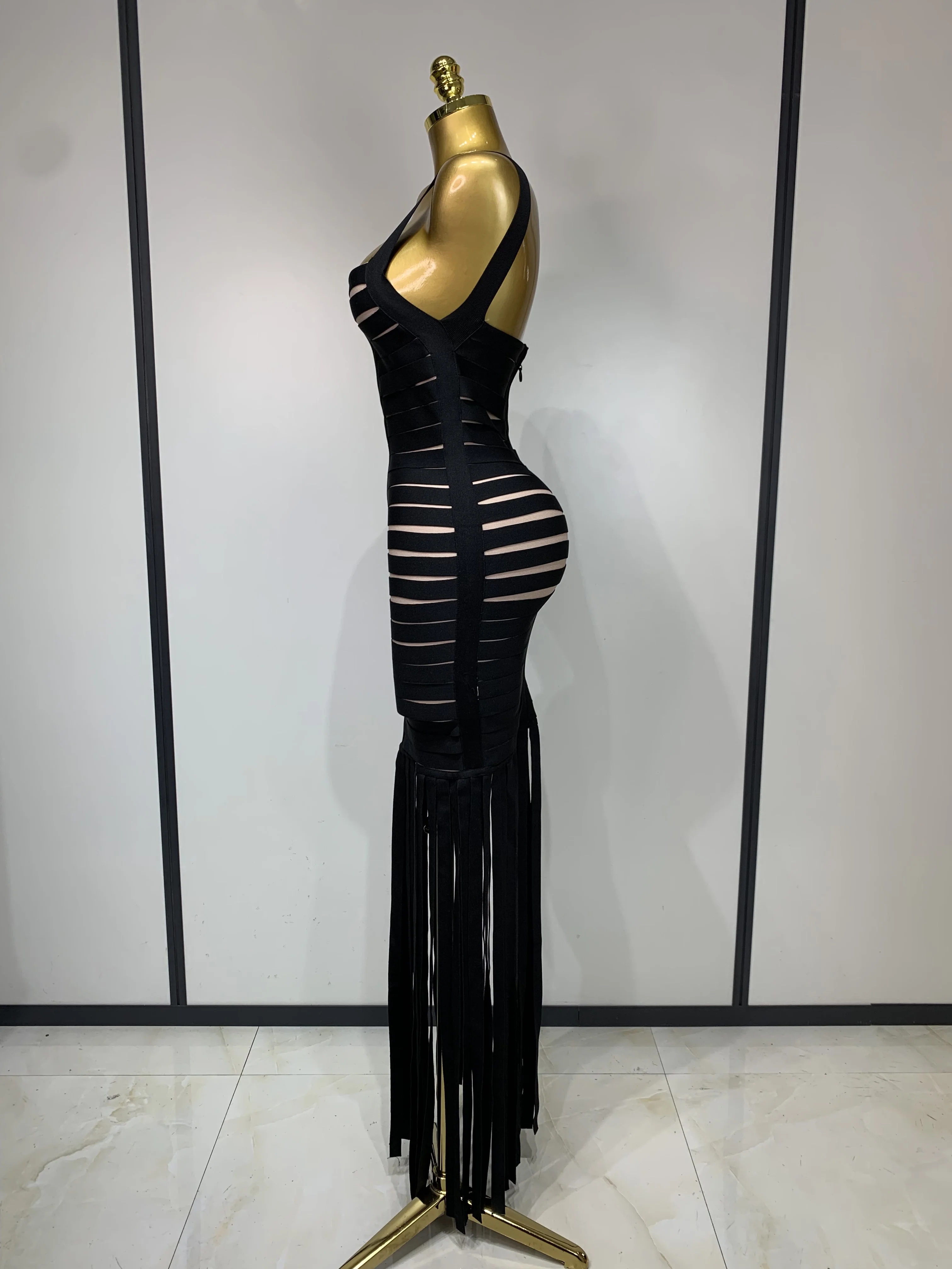Women Sexy Sleeveless Square Collar Black Tassel Long Bandange Dresses Elegant Evening Party Birthday Gown Design Club Dress