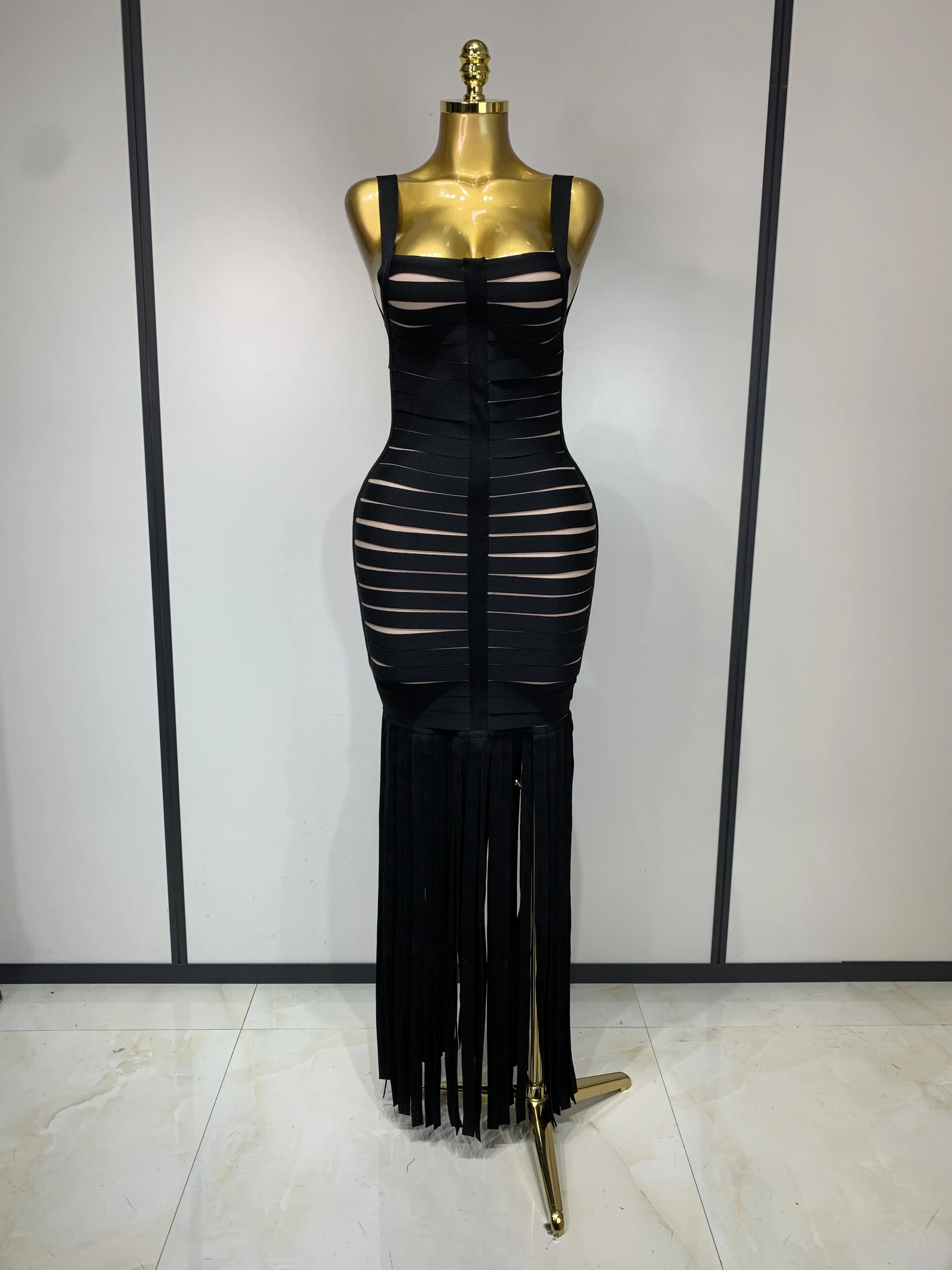 Women Sexy Sleeveless Square Collar Black Tassel Long Bandange Dresses Elegant Evening Party Birthday Gown Design Club Dress