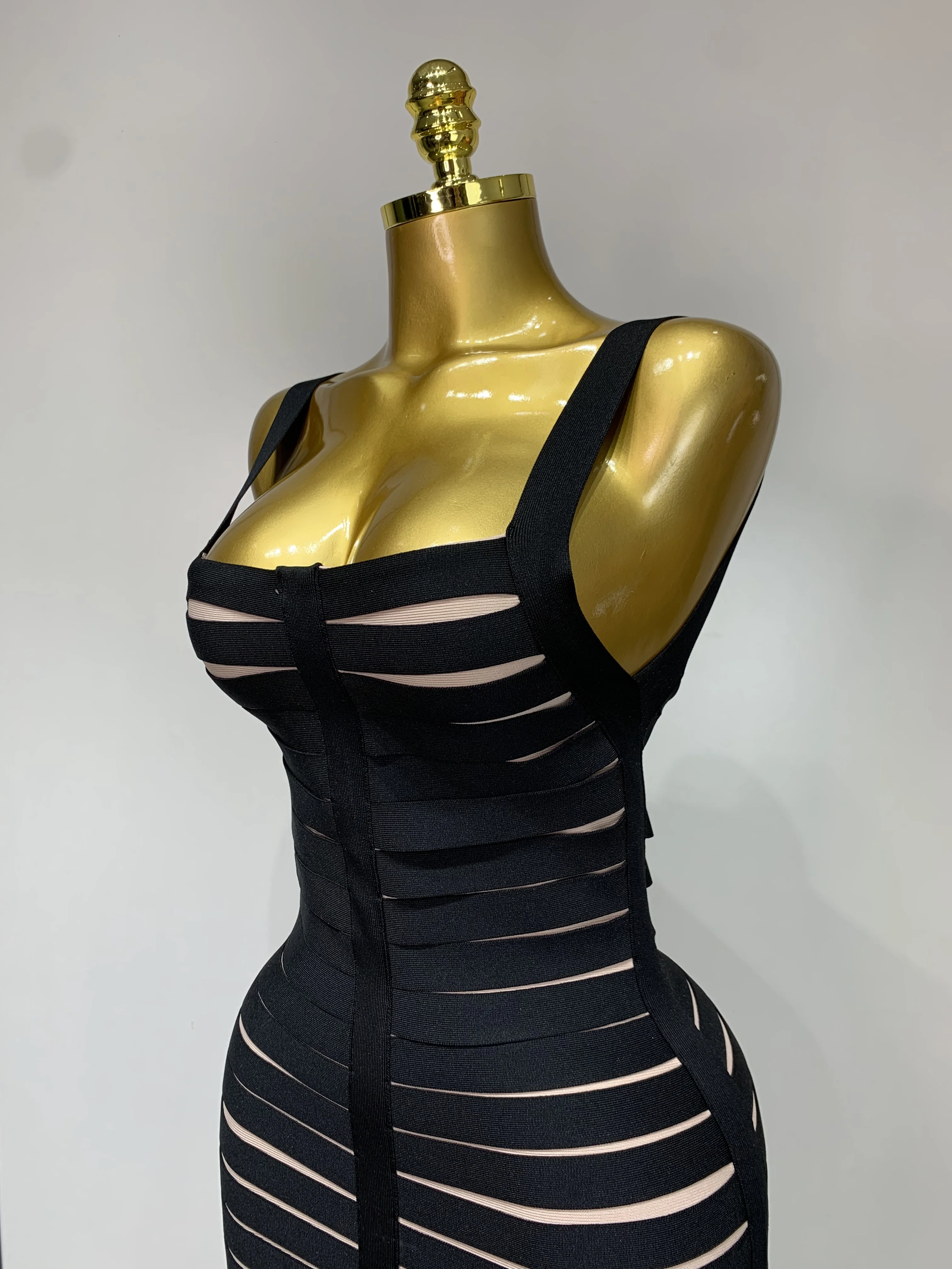 Women Sexy Sleeveless Square Collar Black Tassel Long Bandange Dresses Elegant Evening Party Birthday Gown Design Club Dress