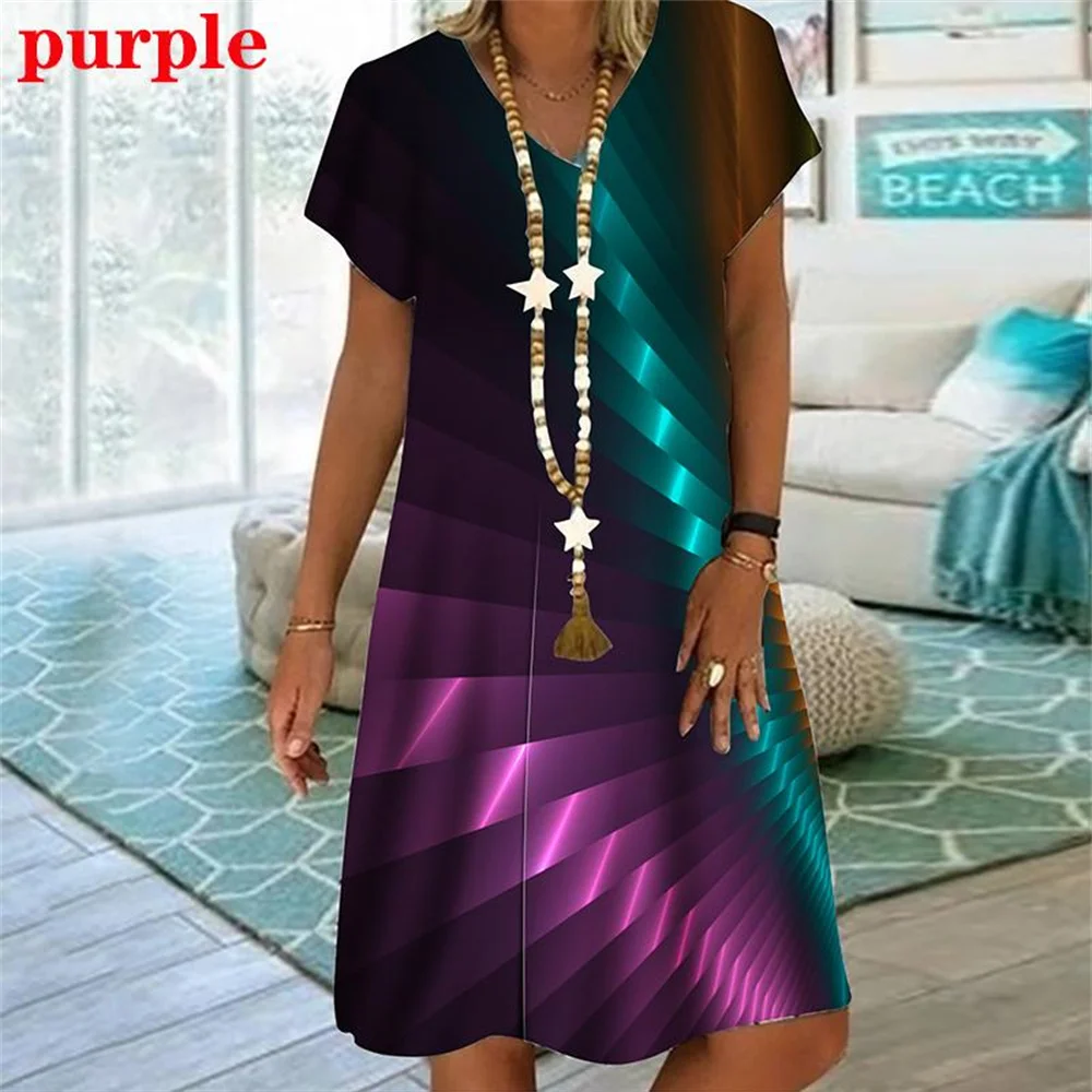 New Rainbow Striped 3D Print Women Dress Elegant Sweet Casual V-Neck Short Sleeve A-Line Dress Summer Fashion Oversized Clothing