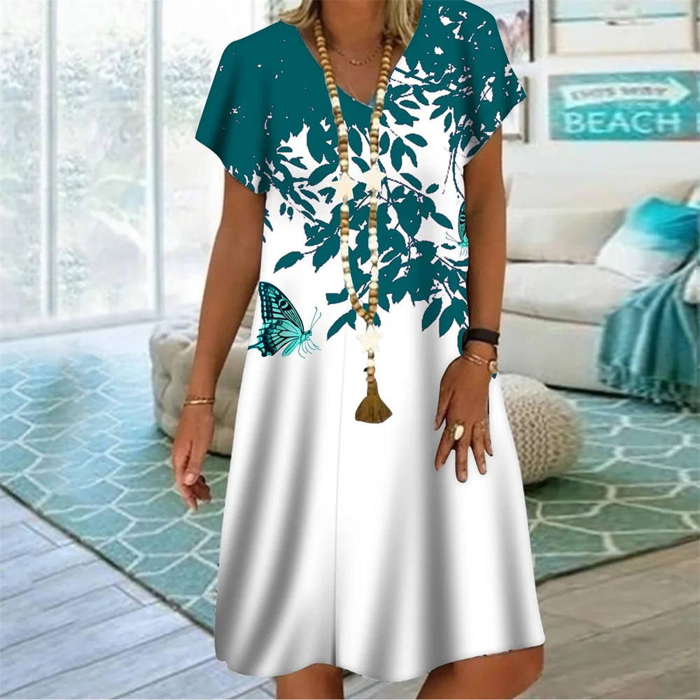 New Rainbow Striped 3D Print Women Dress Elegant Sweet Casual V-Neck Short Sleeve A-Line Dress Summer Fashion Oversized Clothing