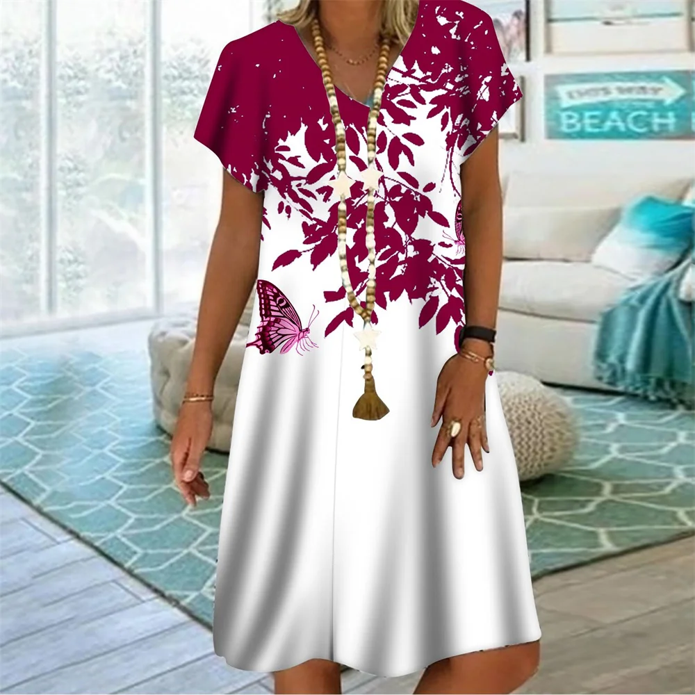 New Rainbow Striped 3D Print Women Dress Elegant Sweet Casual V-Neck Short Sleeve A-Line Dress Summer Fashion Oversized Clothing