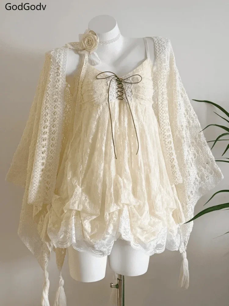 New Vintage Summer Women Sets Elegant Ruffle Lace Chiffon Design Mini Skirt Suit Fairy Female Sweet Korean Fashion Outfits 2025