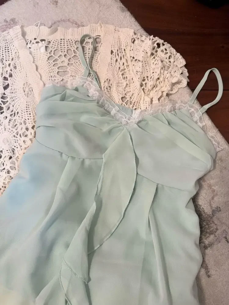 New Vintage Summer Women Sets Elegant Ruffle Lace Chiffon Design Mini Skirt Suit Fairy Female Sweet Korean Fashion Outfits 2025