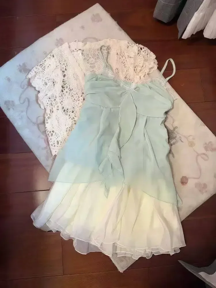 New Vintage Summer Women Sets Elegant Ruffle Lace Chiffon Design Mini Skirt Suit Fairy Female Sweet Korean Fashion Outfits 2025
