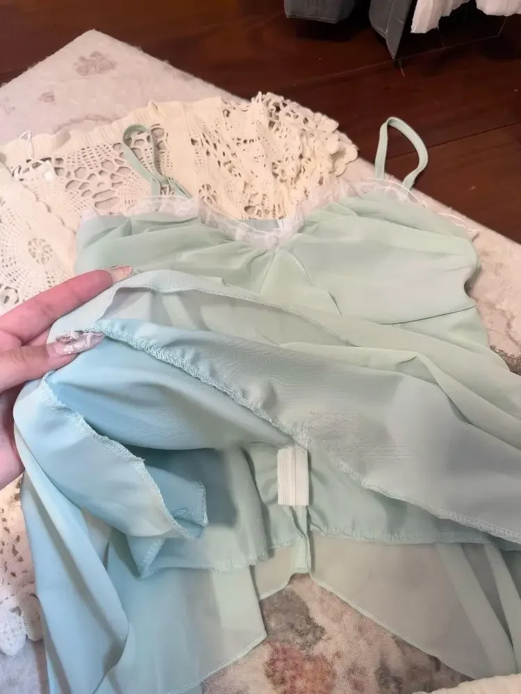 New Vintage Summer Women Sets Elegant Ruffle Lace Chiffon Design Mini Skirt Suit Fairy Female Sweet Korean Fashion Outfits 2025