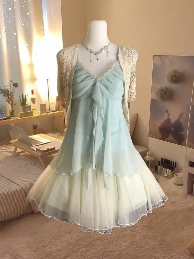 New Vintage Summer Women Sets Elegant Ruffle Lace Chiffon Design Mini Skirt Suit Fairy Female Sweet Korean Fashion Outfits 2025