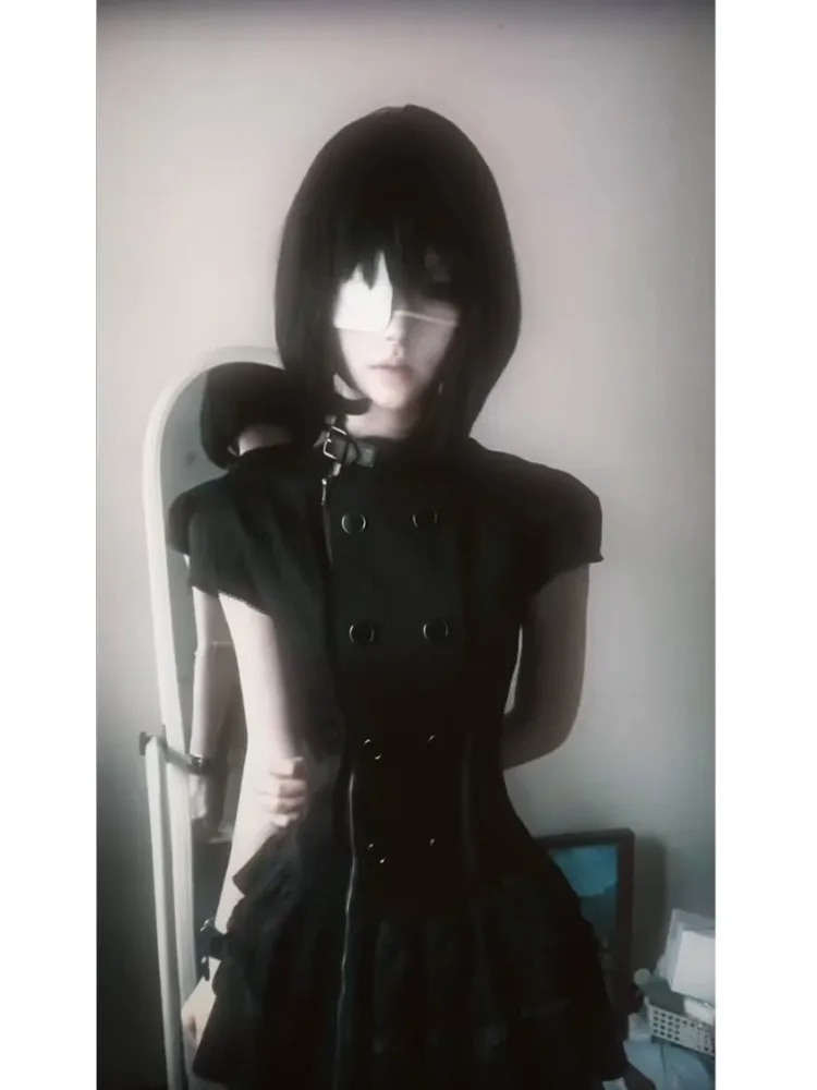 New Gothic Lolita Y2K Women's Mini Dress Double Breasted Striped Ruffle Hem Slim Fit Harajuku Dark Cute Night Out Streetwear