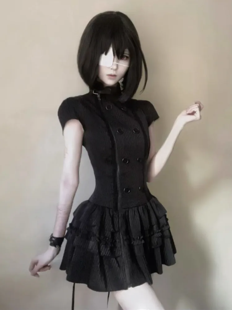 New Gothic Lolita Y2K Women's Mini Dress Double Breasted Striped Ruffle Hem Slim Fit Harajuku Dark Cute Night Out Streetwear